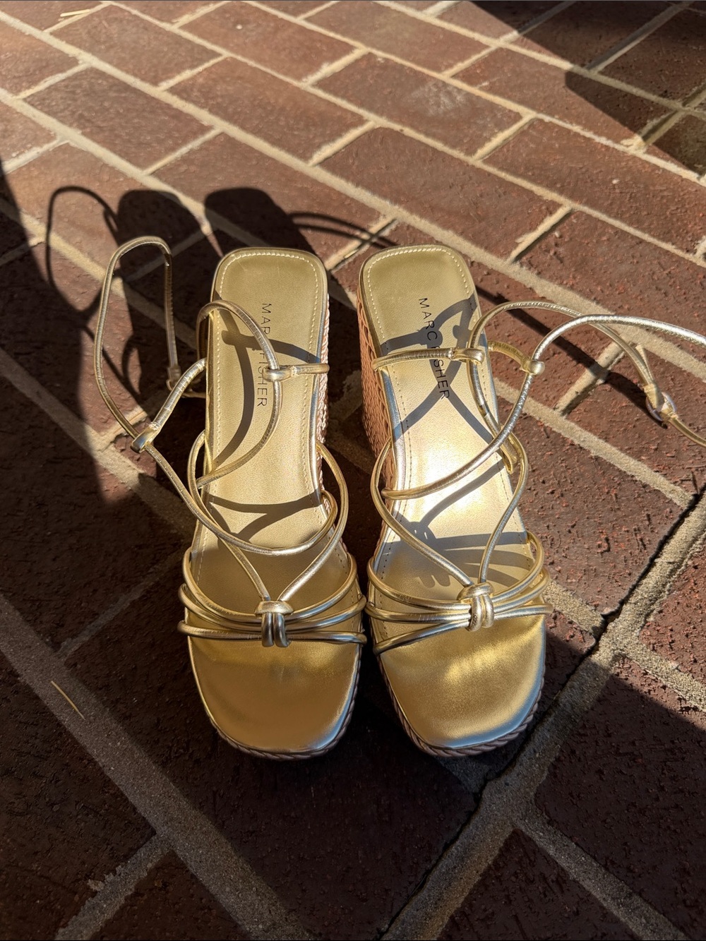 Marc Fisher Metallic Gold Strappy Cork Wedge Sandals